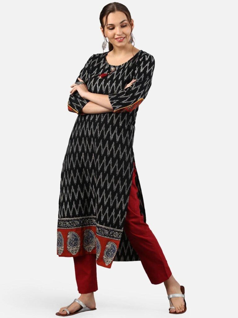 Black Cotton Ikat Straight Kurta
