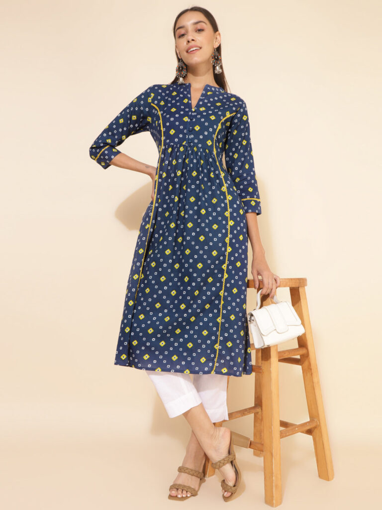 Blue Cotton Bandhani Printed A-Line Kurta
