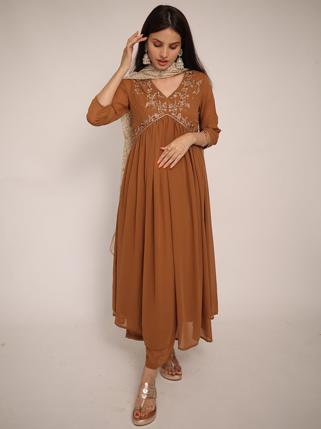 Brown Georgette Floral Embroidery Kurta With Palazzo And Dupatta 