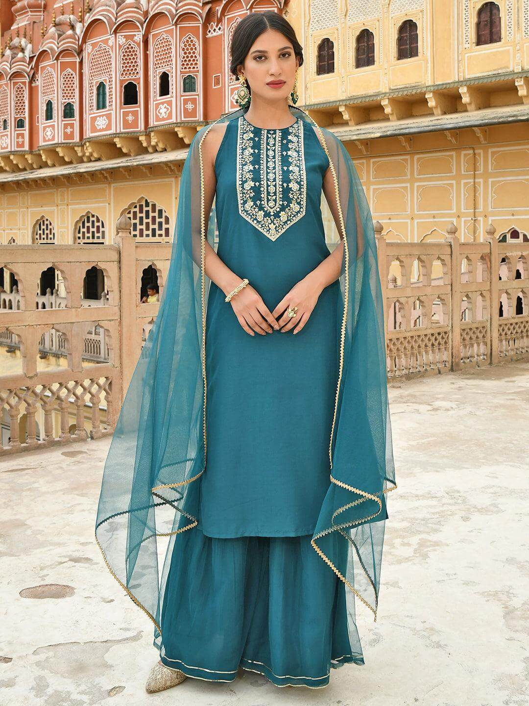 Teal Green Poly Silk Embroidered Kurta With Sharara And Dupatta 