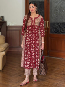 Red Cotton Floral Gathered Kurta Set
