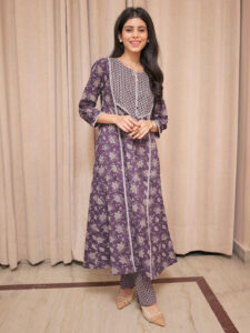 Purple Cotton Floral A-Line Kurta Set
