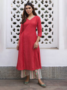 Red Cotton Ethnic Motifs A-Line Kurta Set
