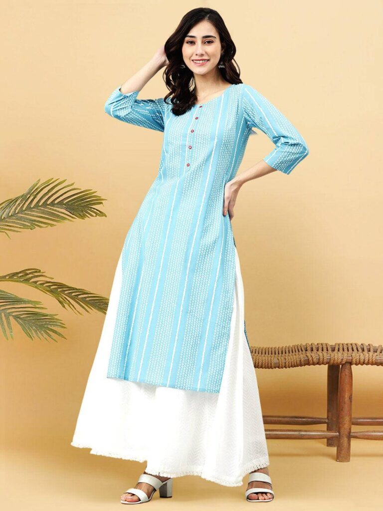 Blue Cotton Striped Straight Kurta
