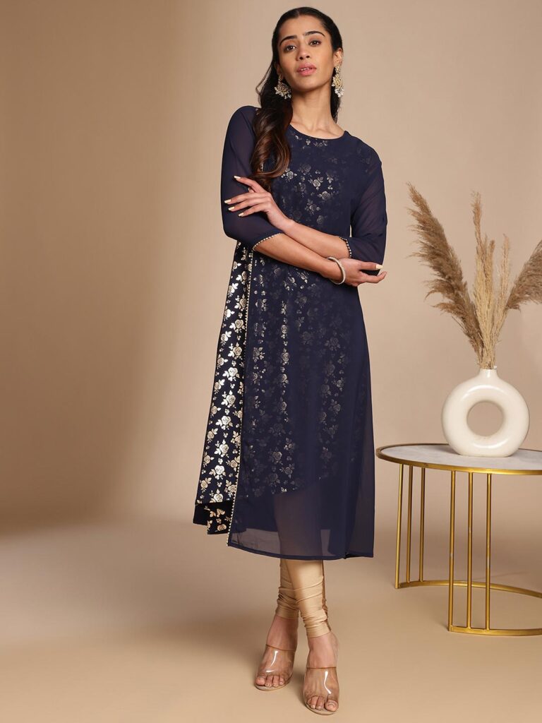 Navy Blue American Crepe Foil A-Line Kurta
