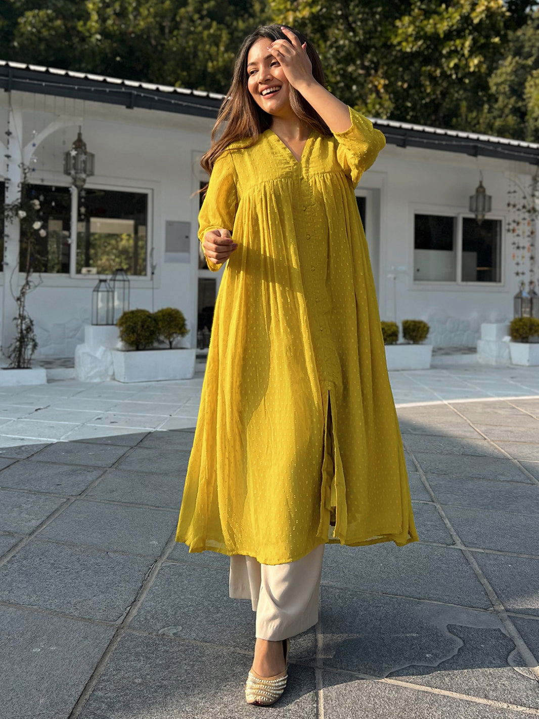 Mustard Poly Chiffon Self Design Kurta 