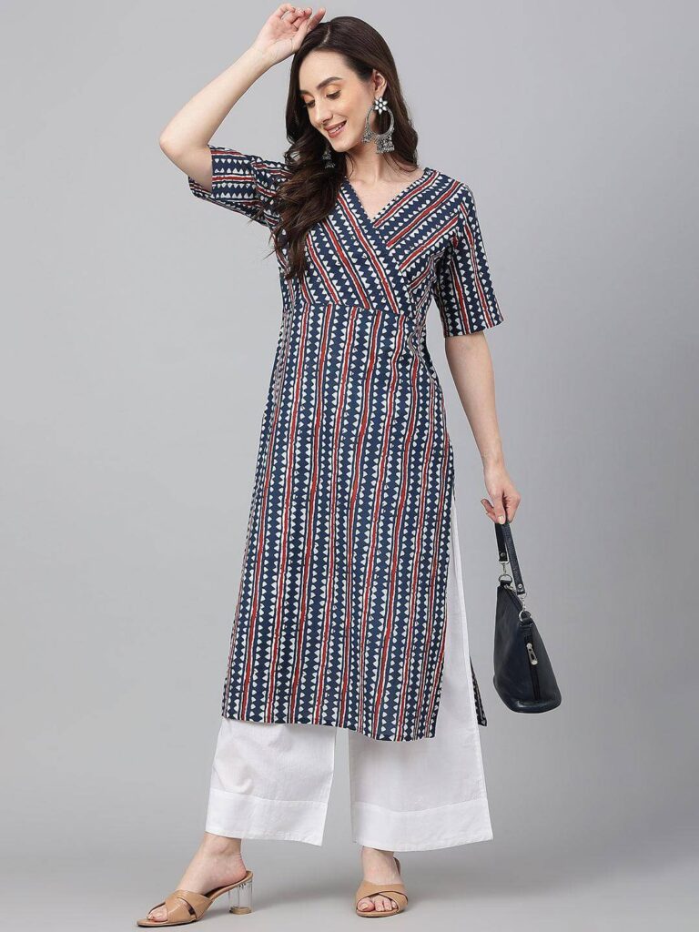 Navy Blue Cotton Geometric Straight Kurta
