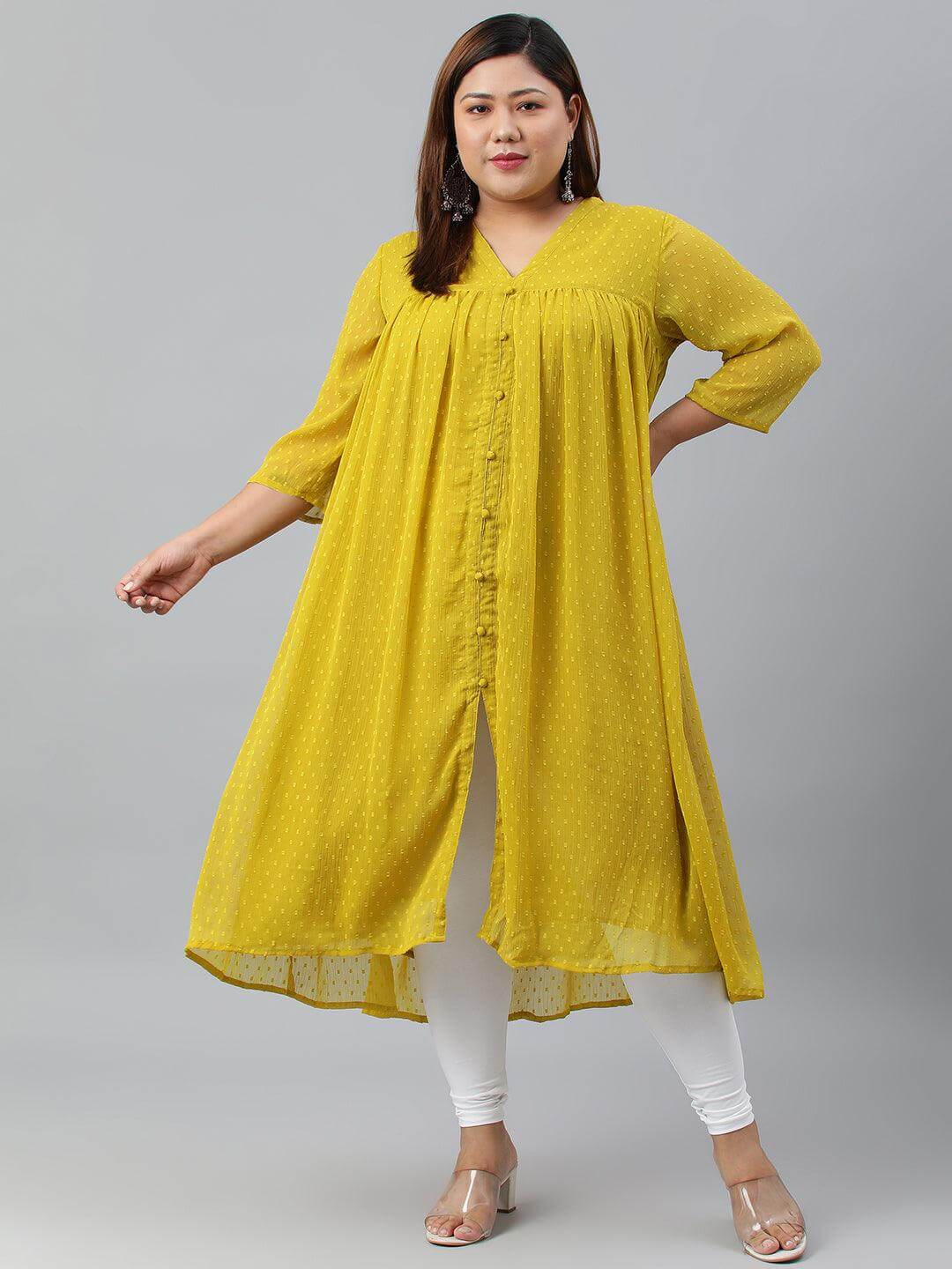 Plus Size Mustard Poly Chiffon Self Design Flared Kurta 