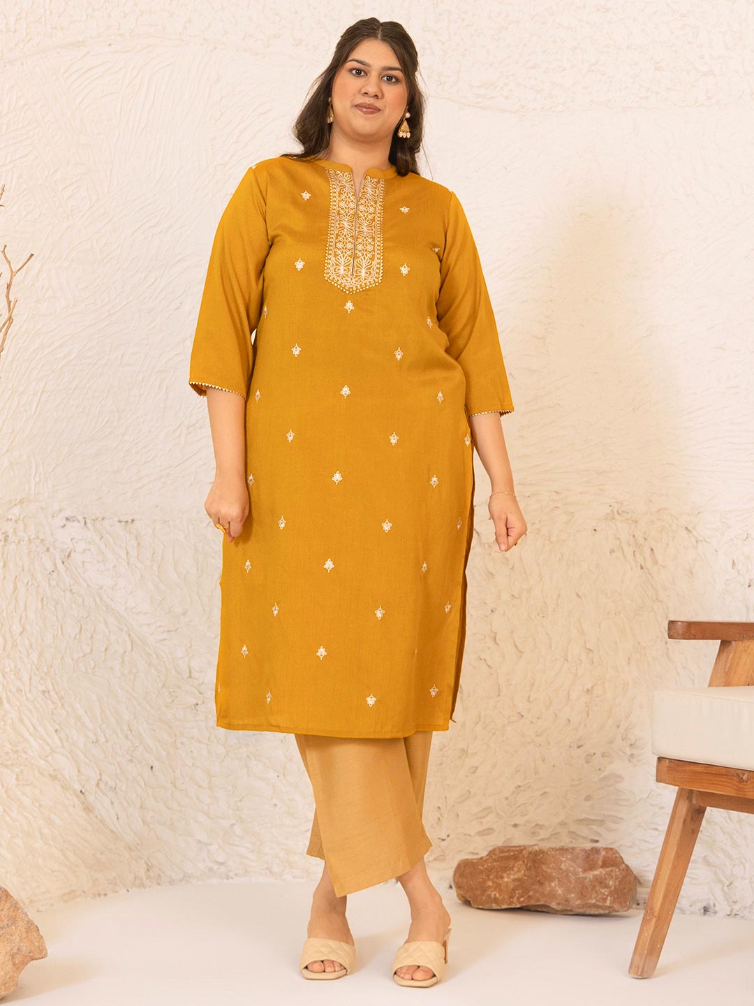 Plus Size Mustard Crepe Silk Embroidered Straight Kurta 