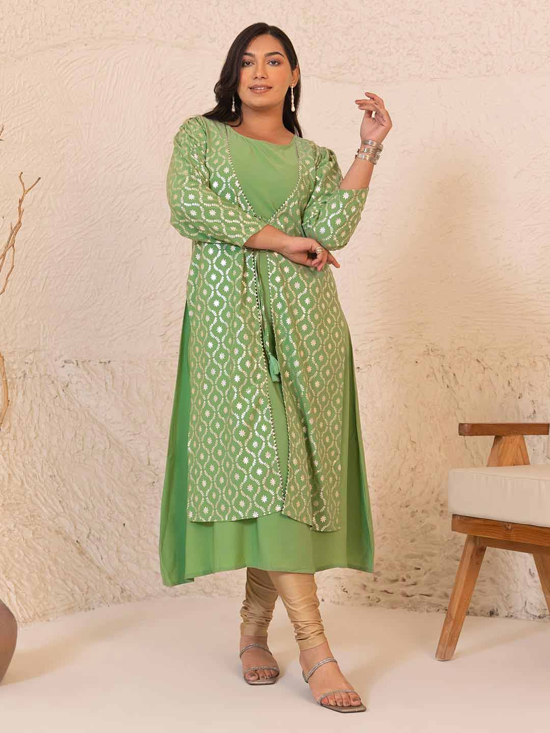 Light Green Crepe Foil Printed A-Line Kurta 