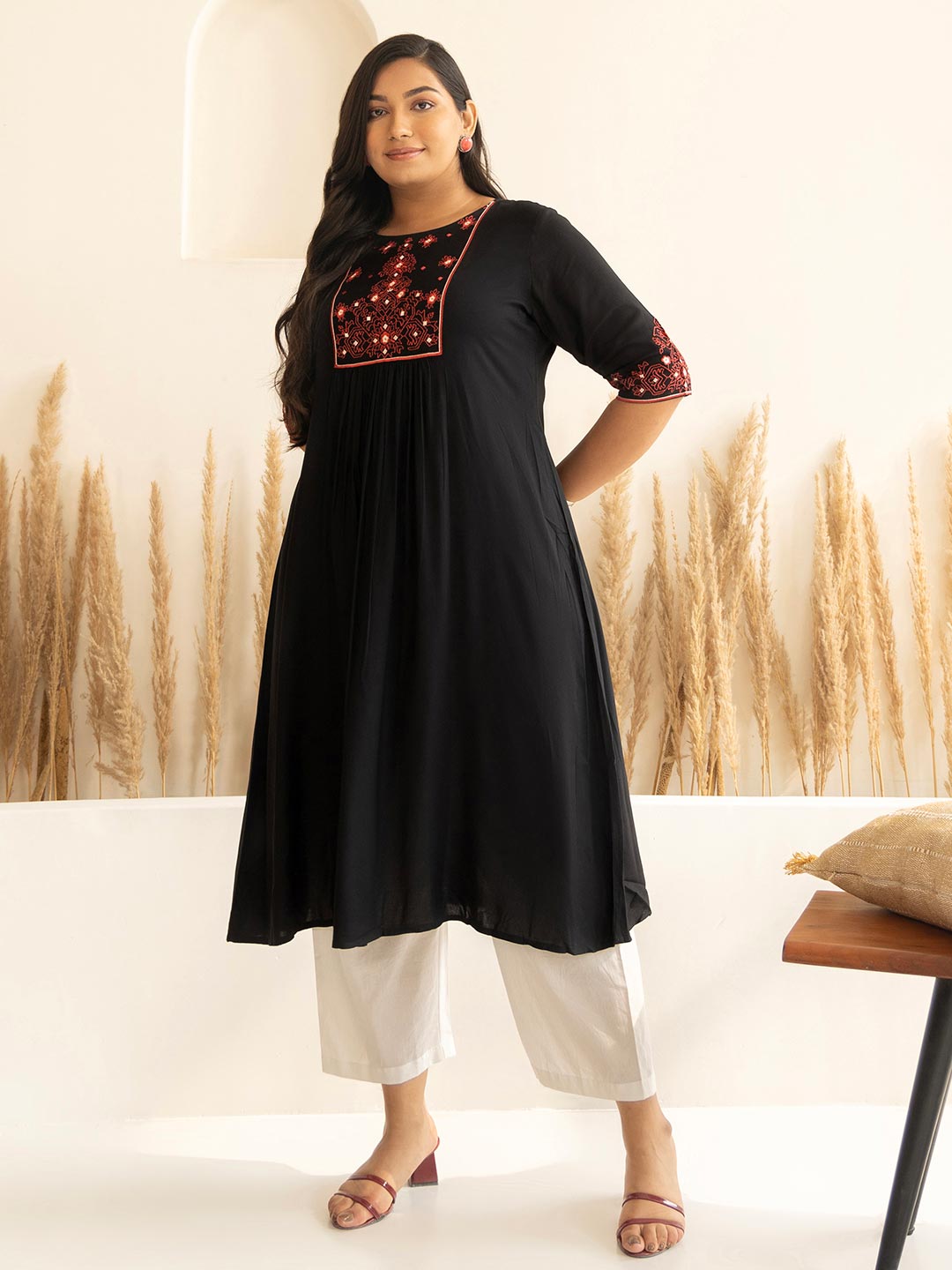 Plus Size Black Rayon Yoke Embroidered A-Line Kurta 