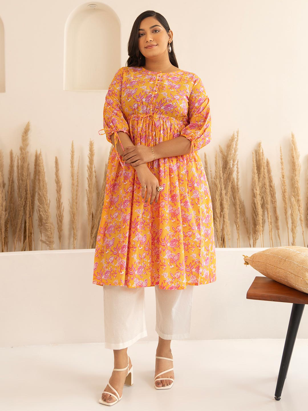 Plus Size Orange Cotton Floral A-Line Kurta 