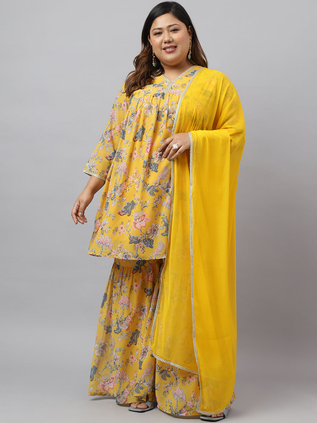 Women Plus Size Yellow Georgette Kurta Sharara Set 