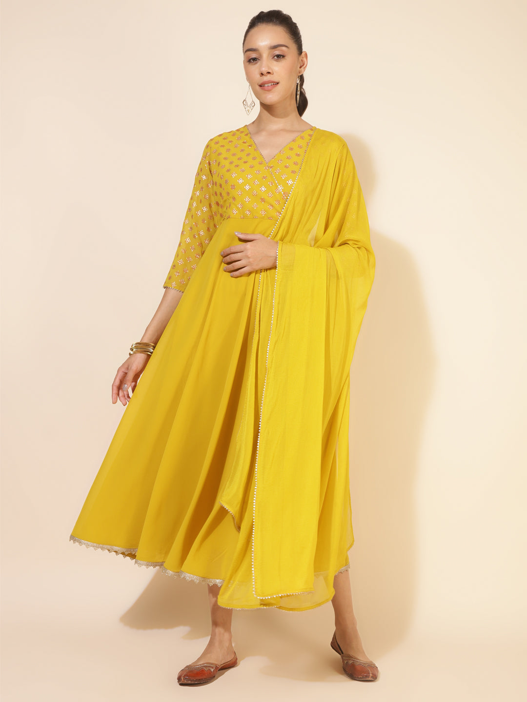 Yellow Georgette Foil Printed Kurta And Dupatta 