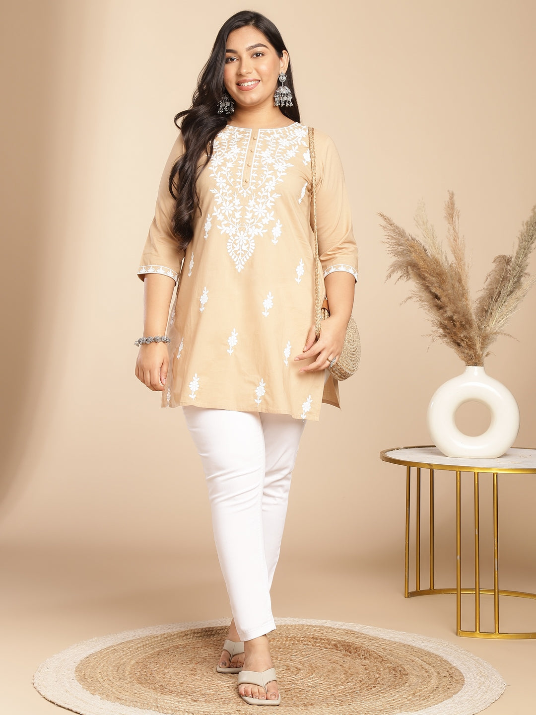 Plus Size Cream Cotton Chikankari Regular Tunic 