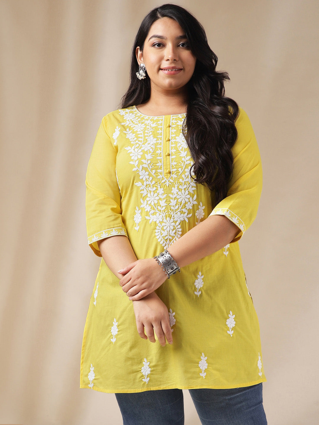 Plus Size Yellow Cotton Chikankari Regular Tunic 