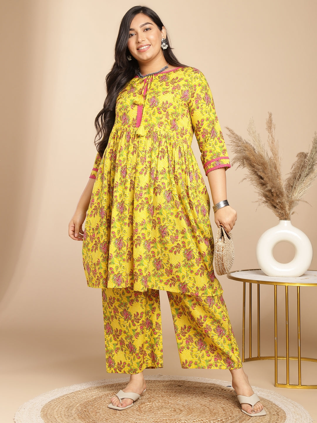 Plus Size Yellow Cotton Floral Gathered Kurta Set 