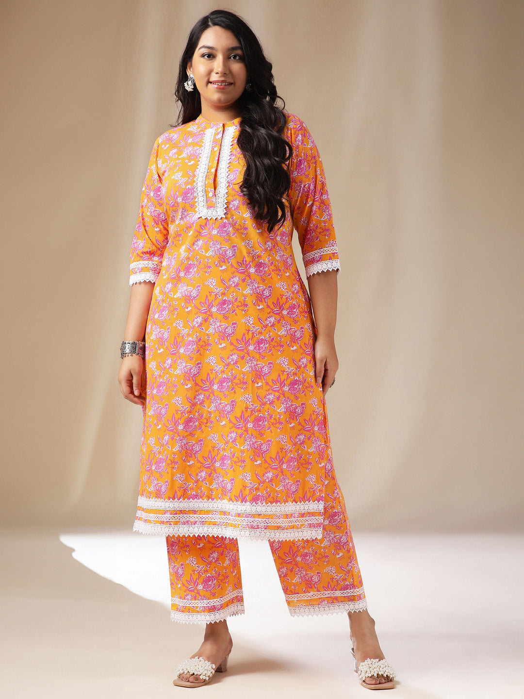 Plus Size Orange Cotton Floral Straight Kurta Set 