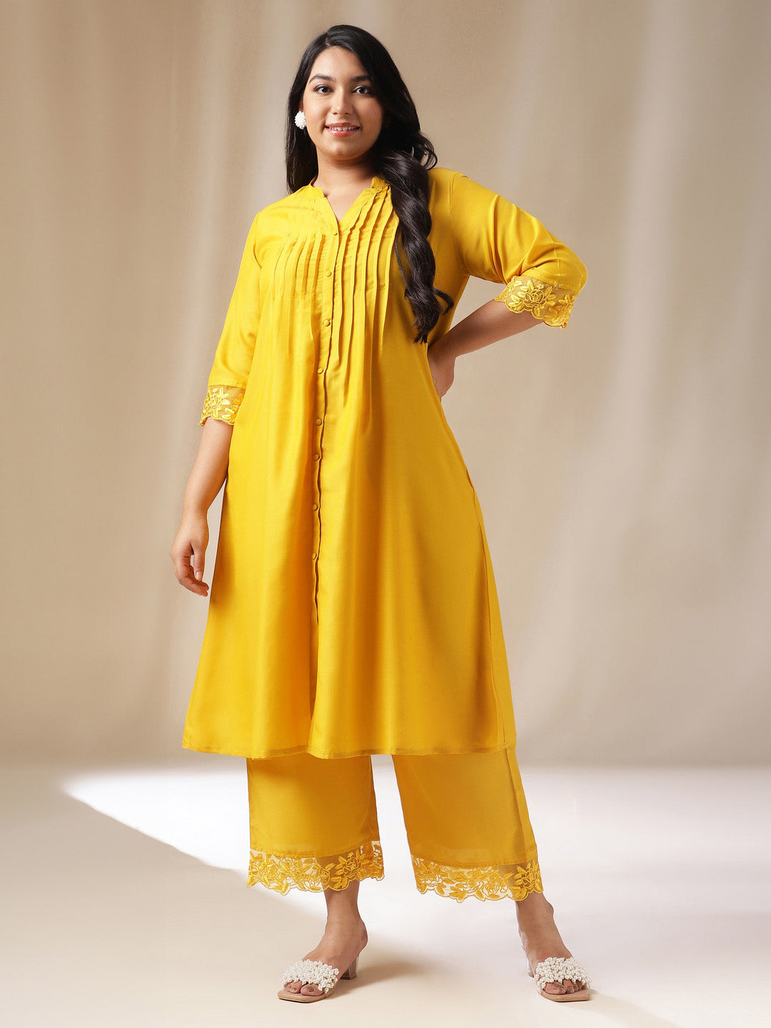 Plus Size Yellow Muslin Solid Pleated Kurta Set 