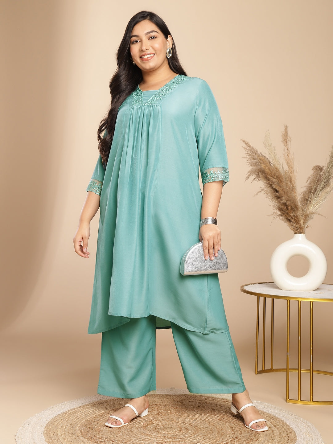 Plus Size Sage Muslin Yoke Embroidery A-Line Kurta Set 