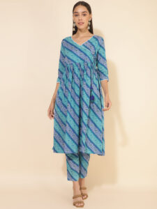 BLUE COTTON BANDHANI PRINTED KURTA WITH PANT
