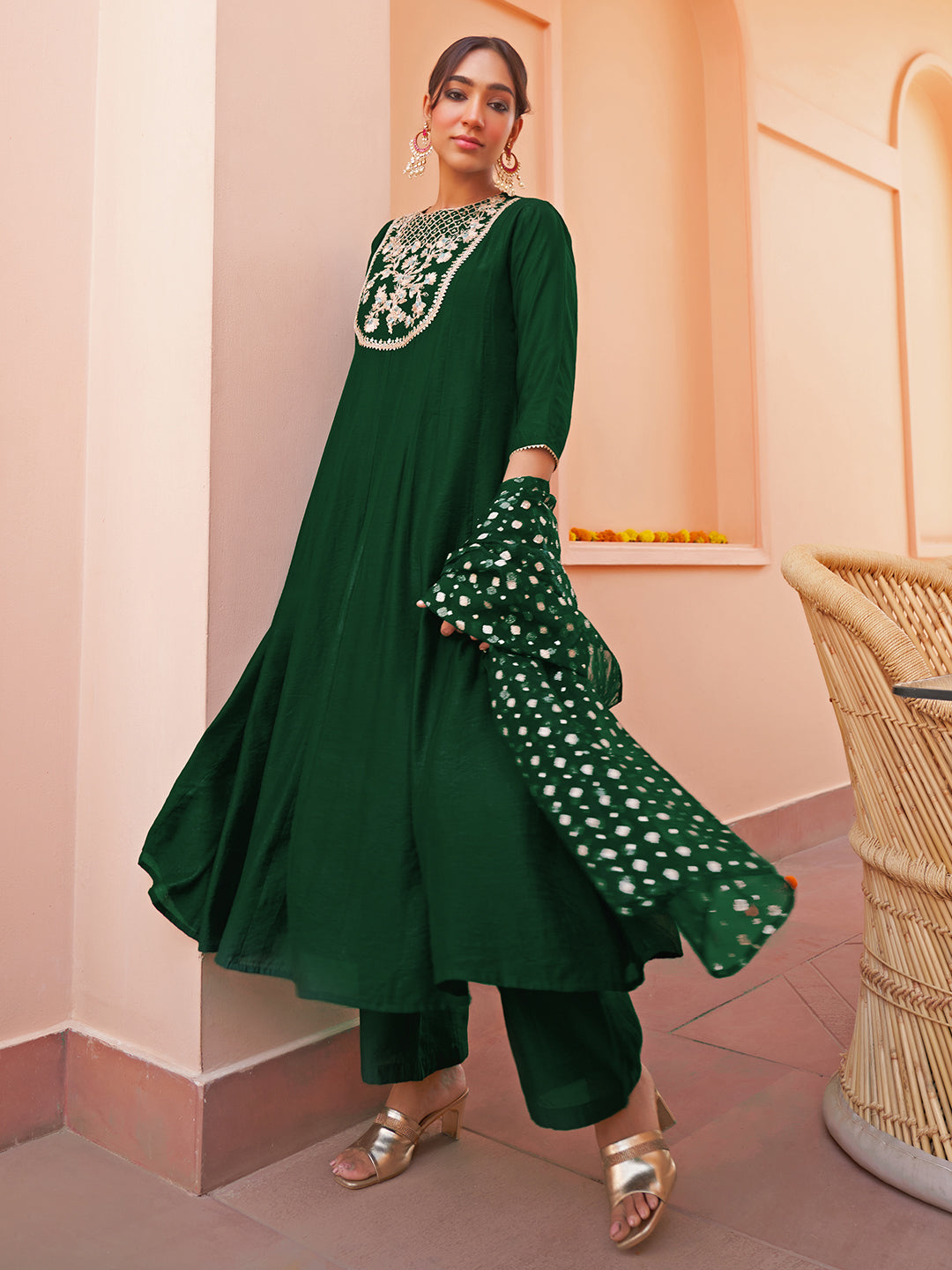 Dark Green Chanderi Embellished Kurta With Palazzo And Dupatta
