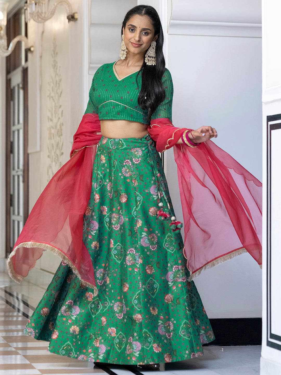 GREEN CREPE SILK DIGITAL FLORAL PRINTED LEHENGA CHOLI WITH DUPATTA
