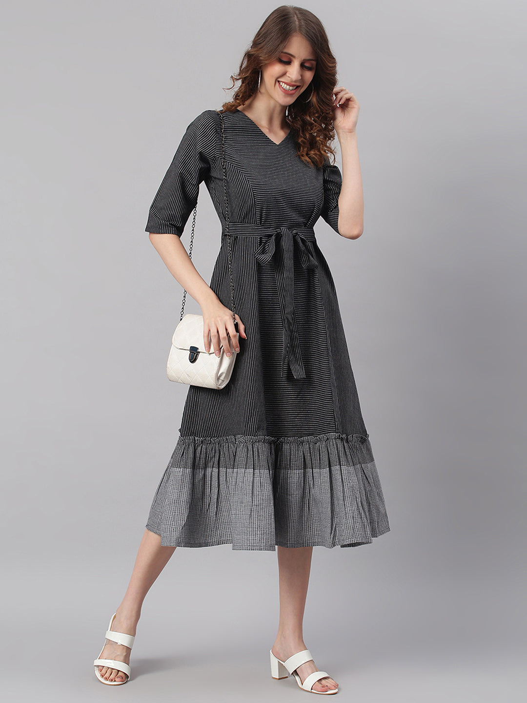 BLACK COTTON STRIPED FLARED WESTERN DRESS 