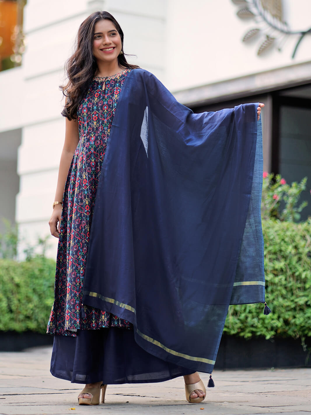 Blue Poly Muslin Embroidered Kurta With Palazzo And Dupatta 