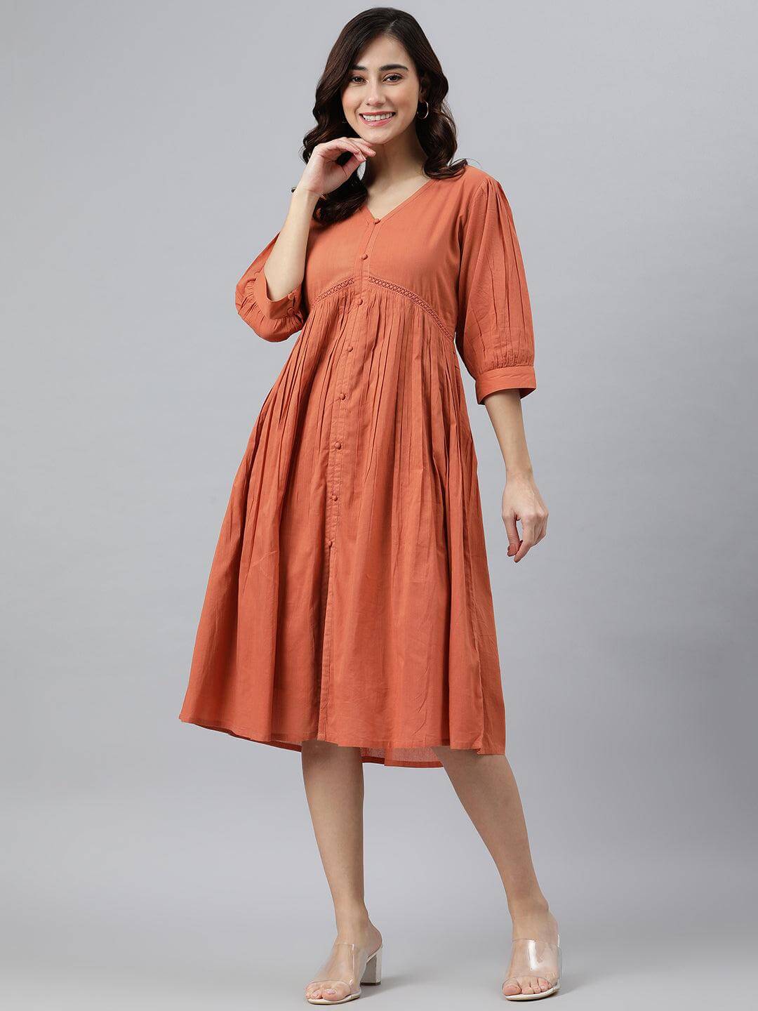 CORAL ORANGE COTTON SOLID FLARED WESTERN DRESS 