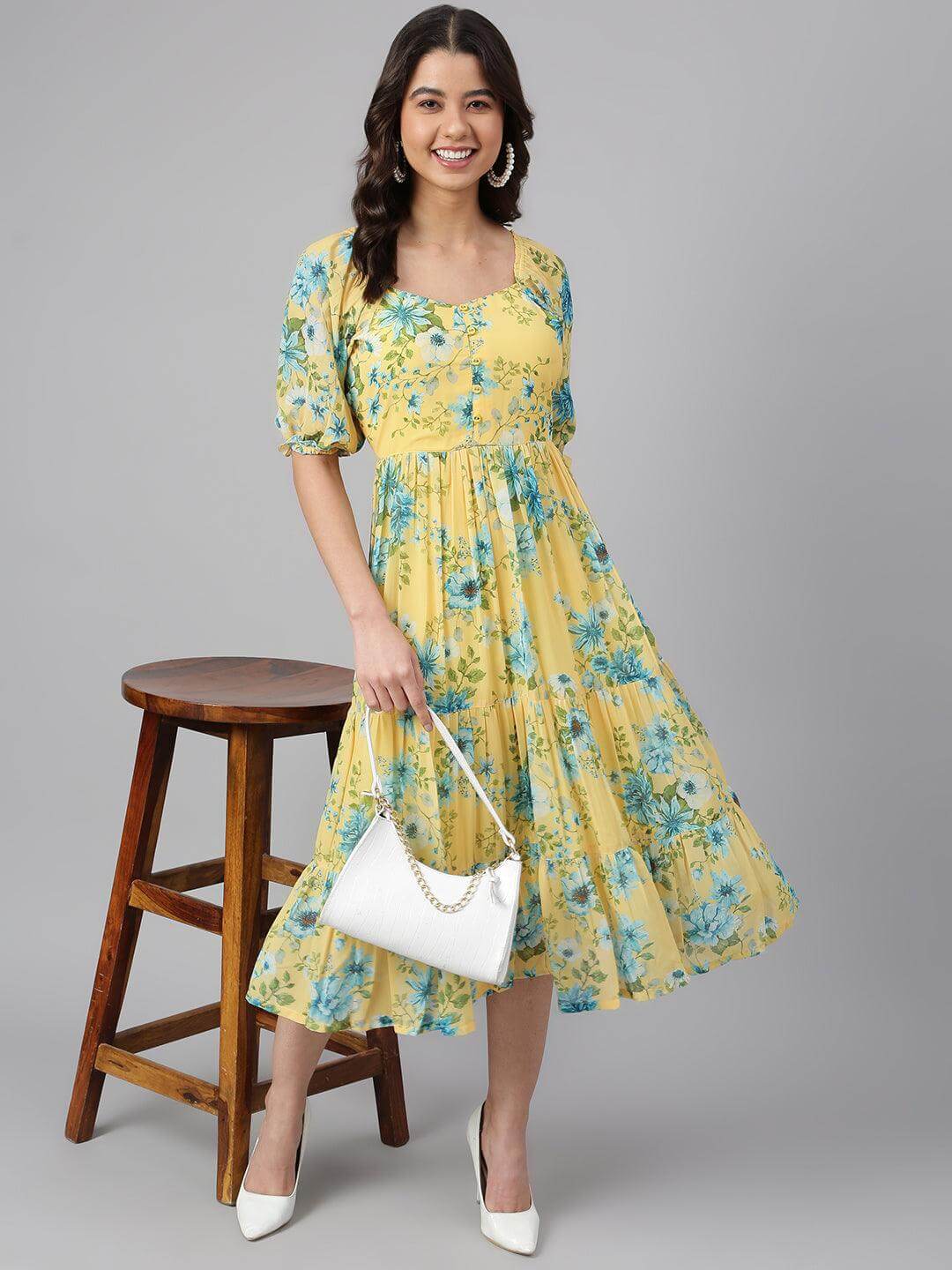 YELLOW GEORGETTE FLORAL PRINT FLARED WESTERN DRESS
