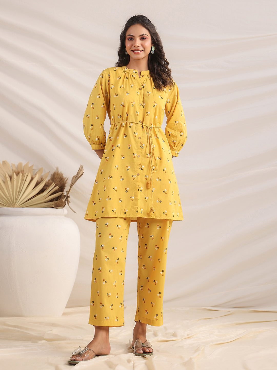 MUSTARD COTTON BANDHANI A-LINE CO-ORD SET
