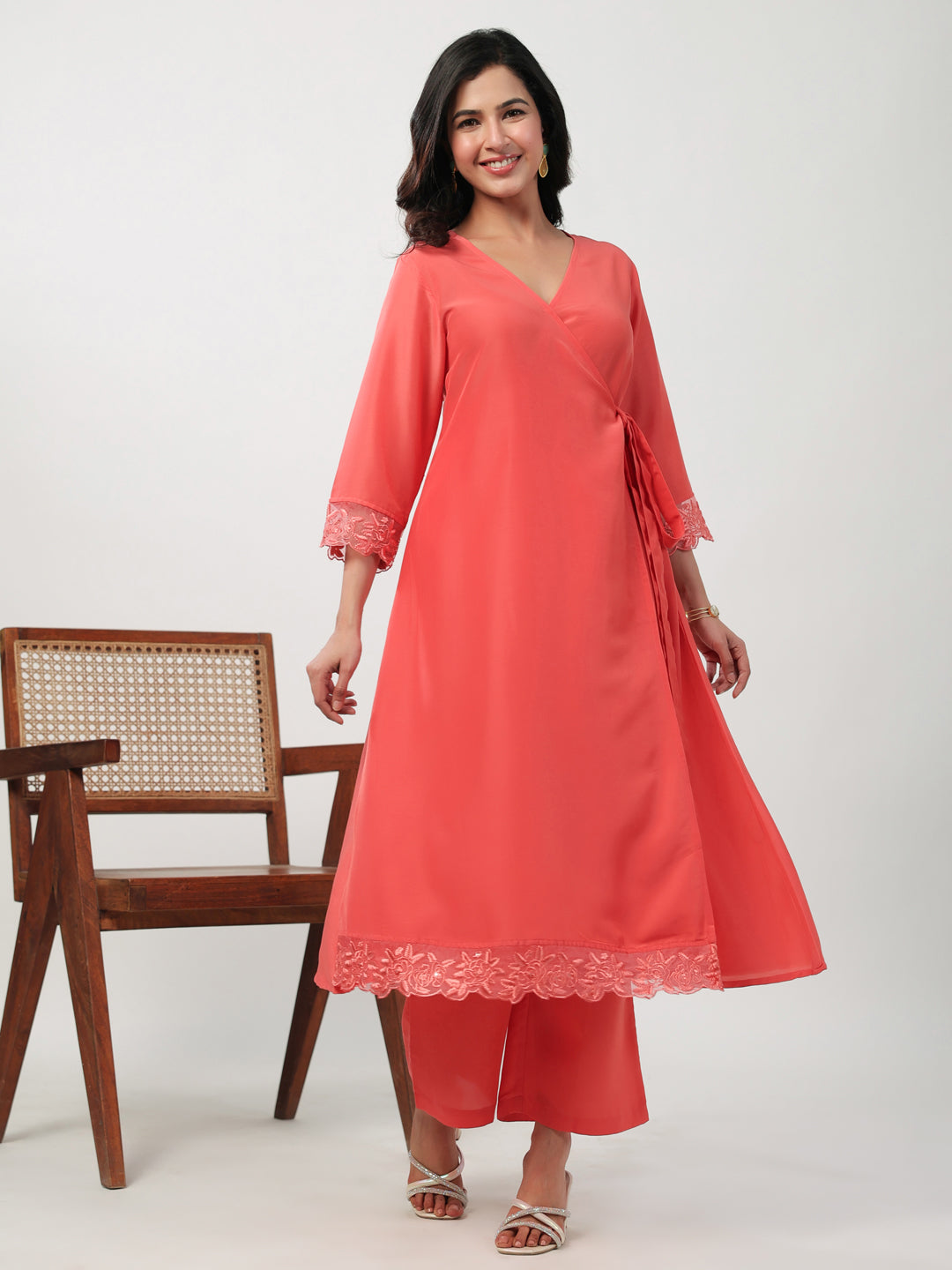 Peach Muslin Self Design Angrakha Kurta Set
