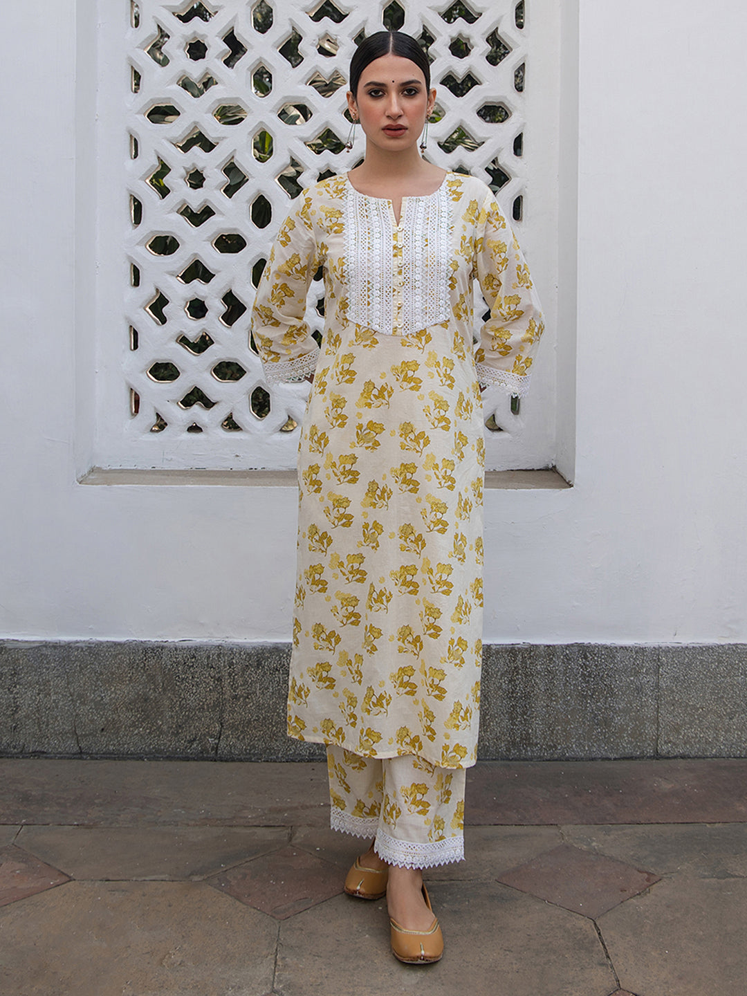 Off White Cotton Floral Straight Kurta Set
