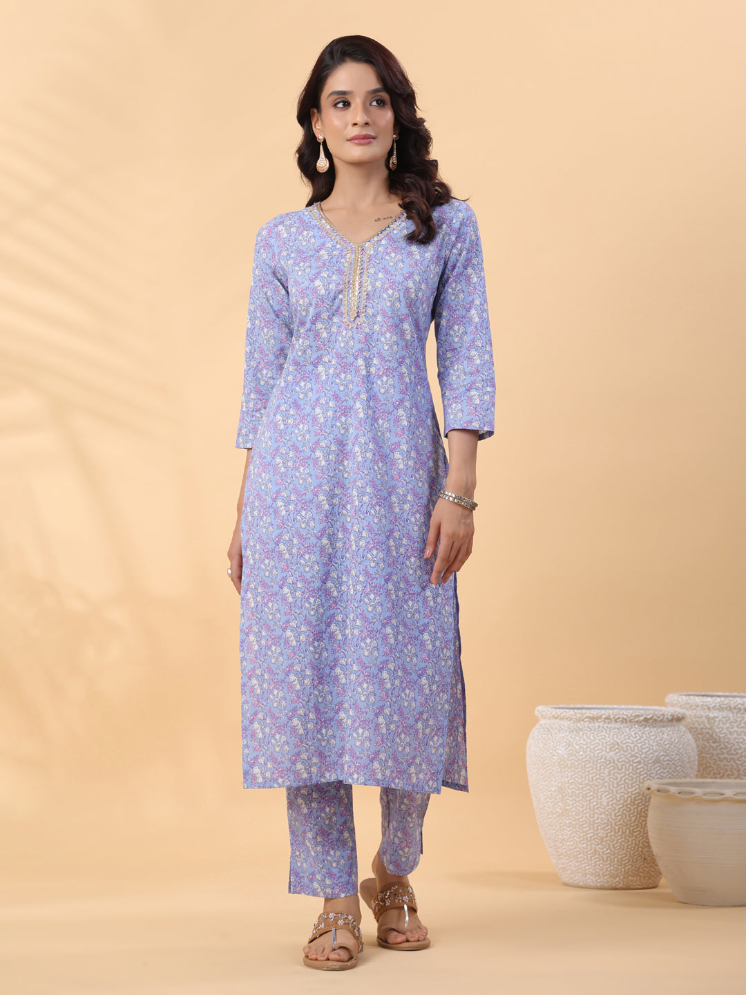 Blue Cotton Floral Regular Kurta Set
