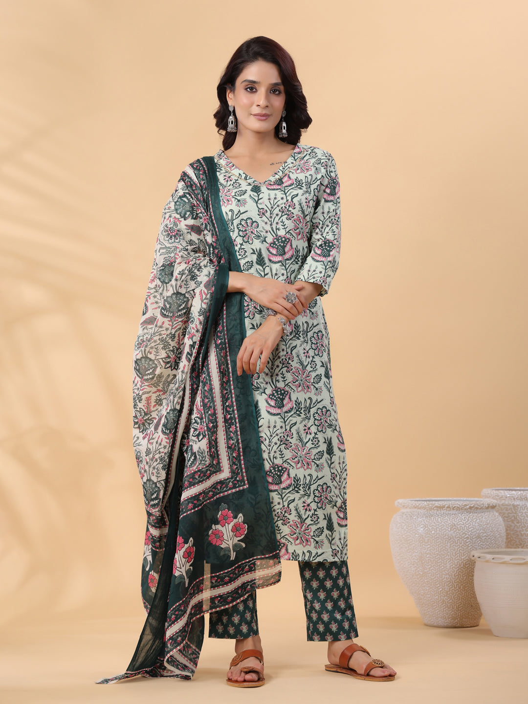 Mint Green Cotton Floral Regular Kurta Set
