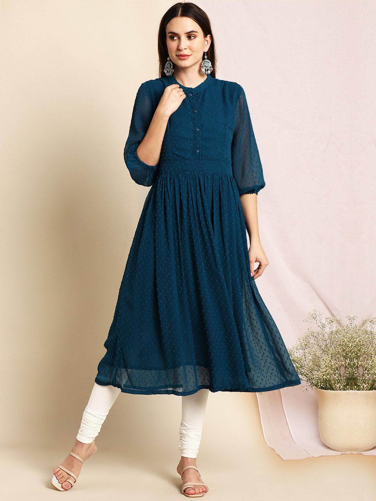 TEAL POLY CHIFFON SELF DESIGN FLARED KURTA
