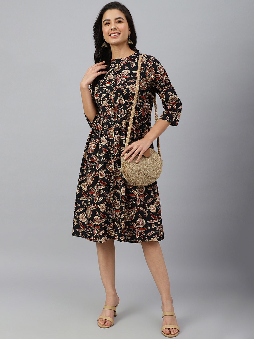 BLACK COTTON FLORAL PRINT FLARED WESTERN DRESS 