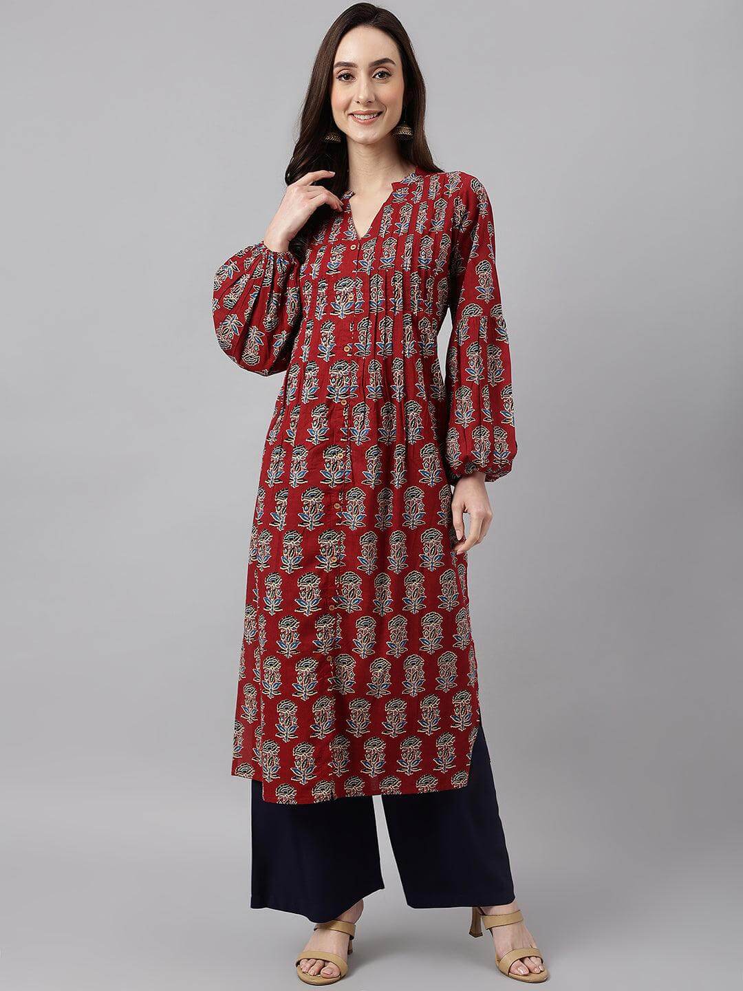 MAROON COTTON FLORAL PRINT FLARED KURTA
