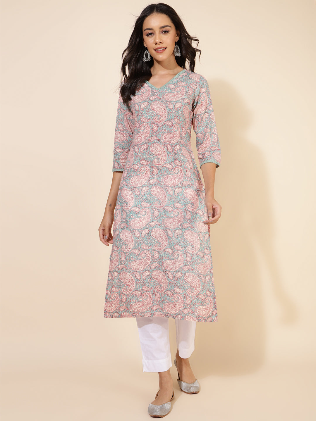 SAGE GREEN COTTON PAISLEY PRINTED STRAIGHT KURTA 