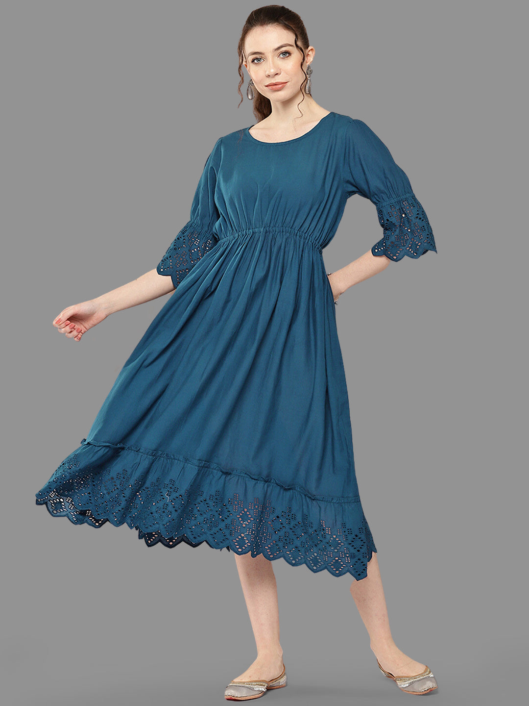 TEAL COTTON SCHIFFLI FLARED DRESS 