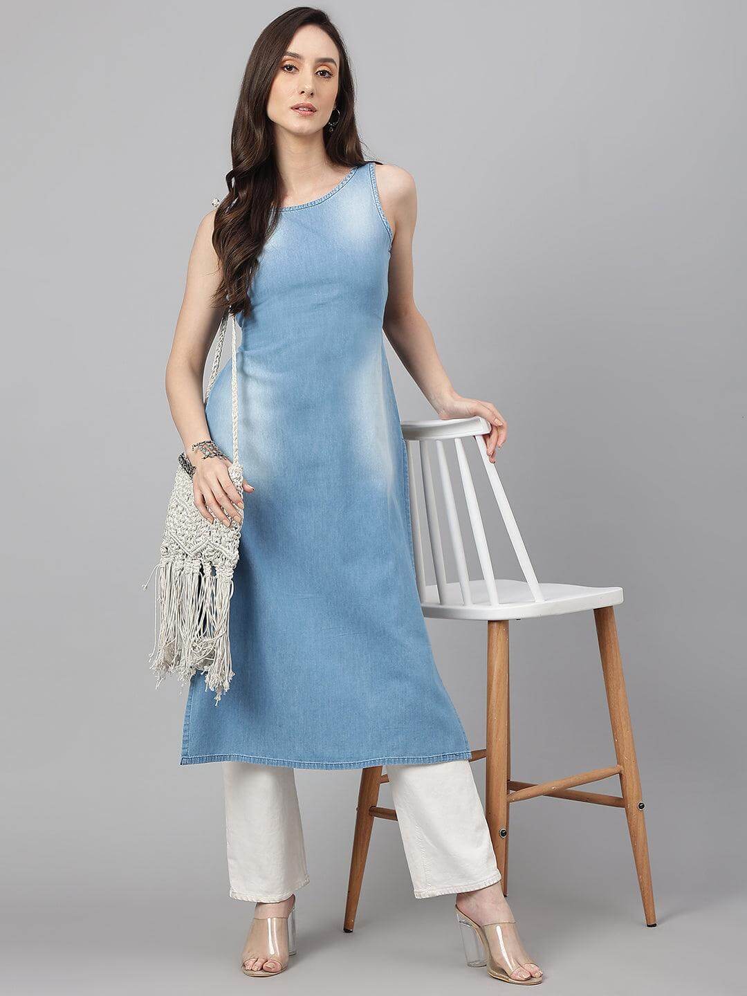 LIGHT BLUE DENIM SOLID STRAIGHT KURTA
