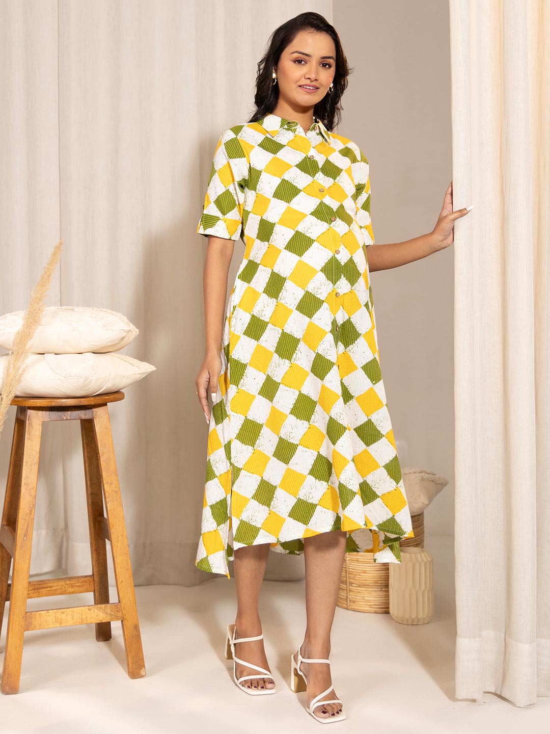 MULTICOLOUR COTTON GEOMETRIC A-LINE MATERNITY DRESS 