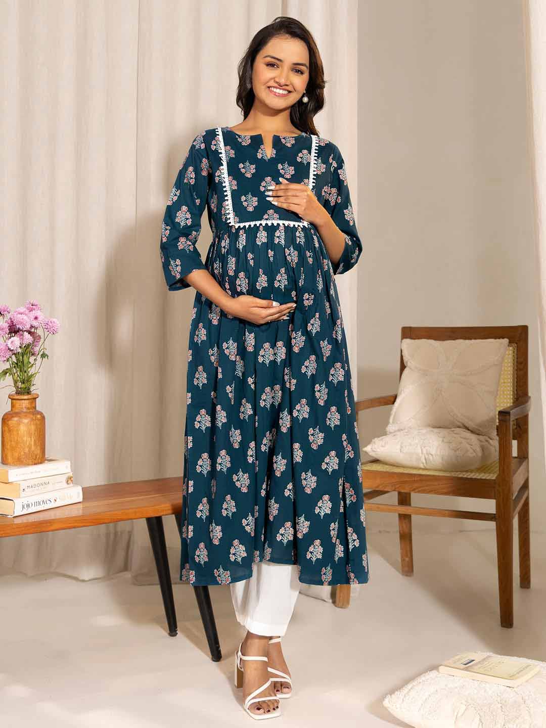 TEAL COTTON FLORAL FIT & FLARE MATERNITY KURTA 