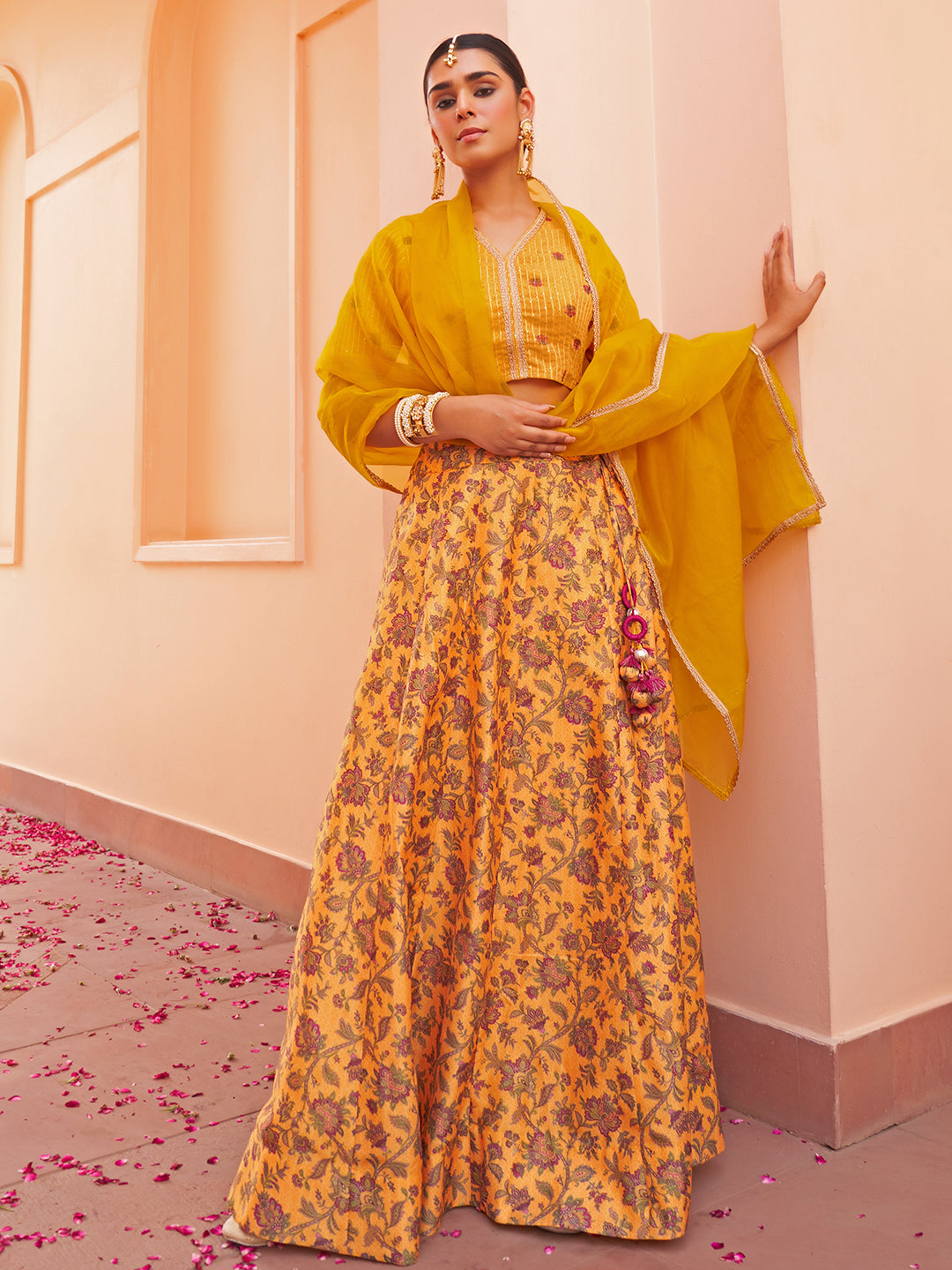 MUSTARD CREPE SILK DIGITAL FLORAL PRINTED LEHENGA CHOLI WITH DUPATTA
