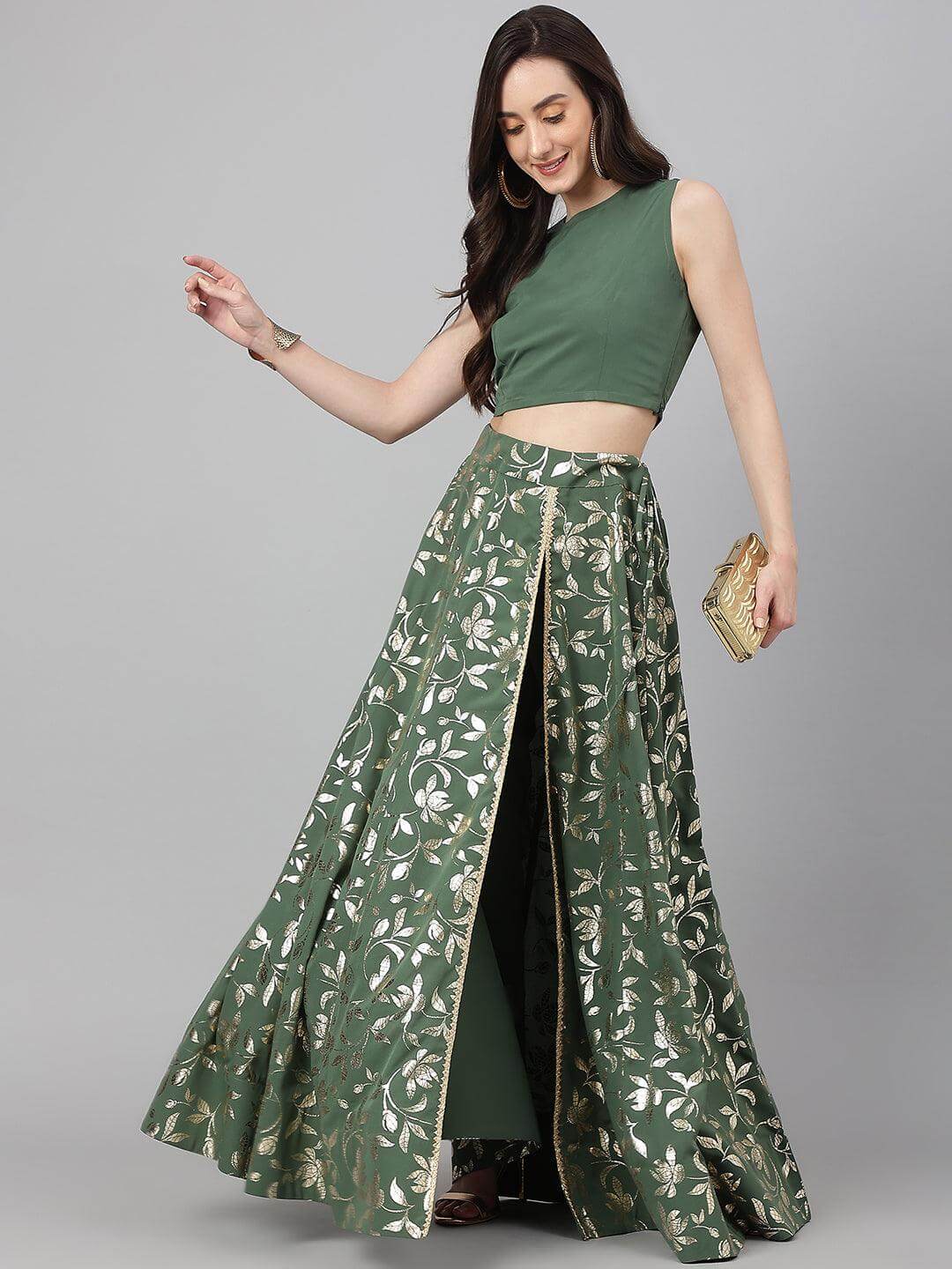 OLIVE GREEN CREPE SOLID LEHENGA CHOLI WITH PANT
