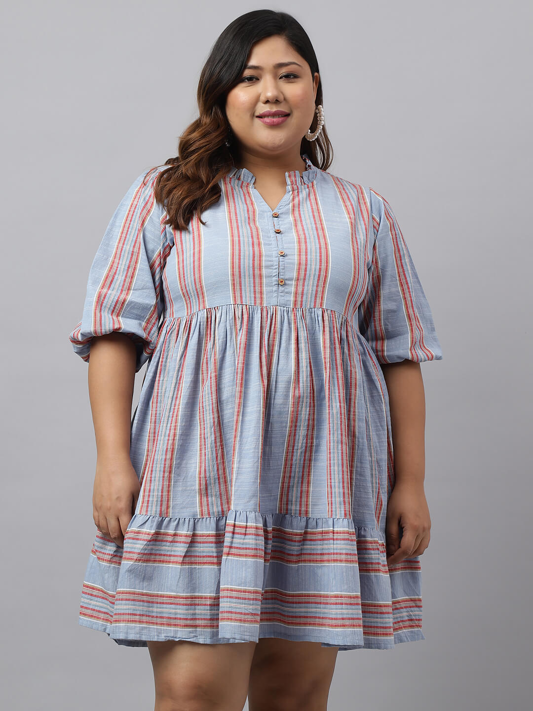 BLUE COTTON BLEND STRIPED FLARED DRESS
