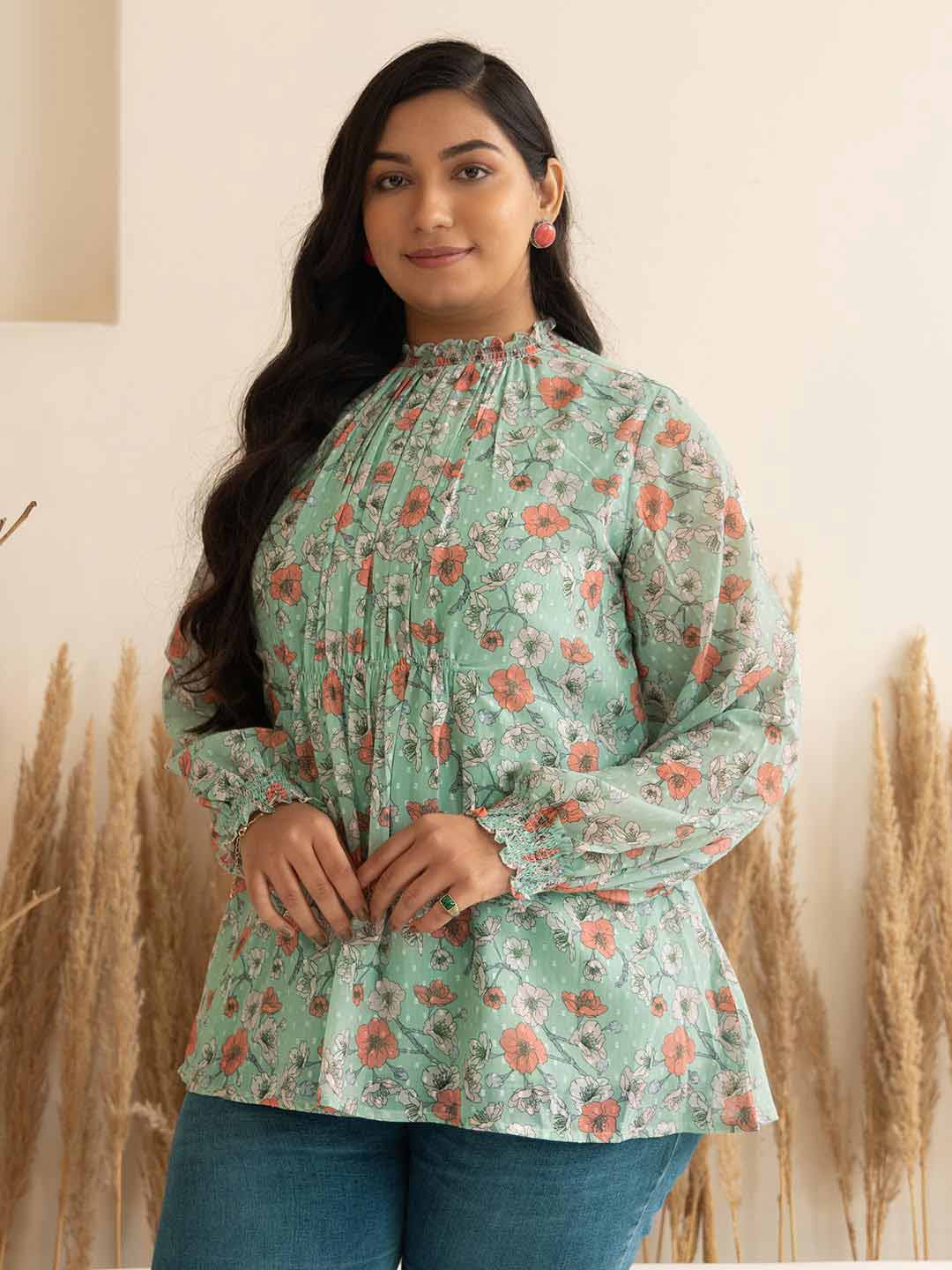 Plus Size Sage Dobby Georgette Floral Regular Top 