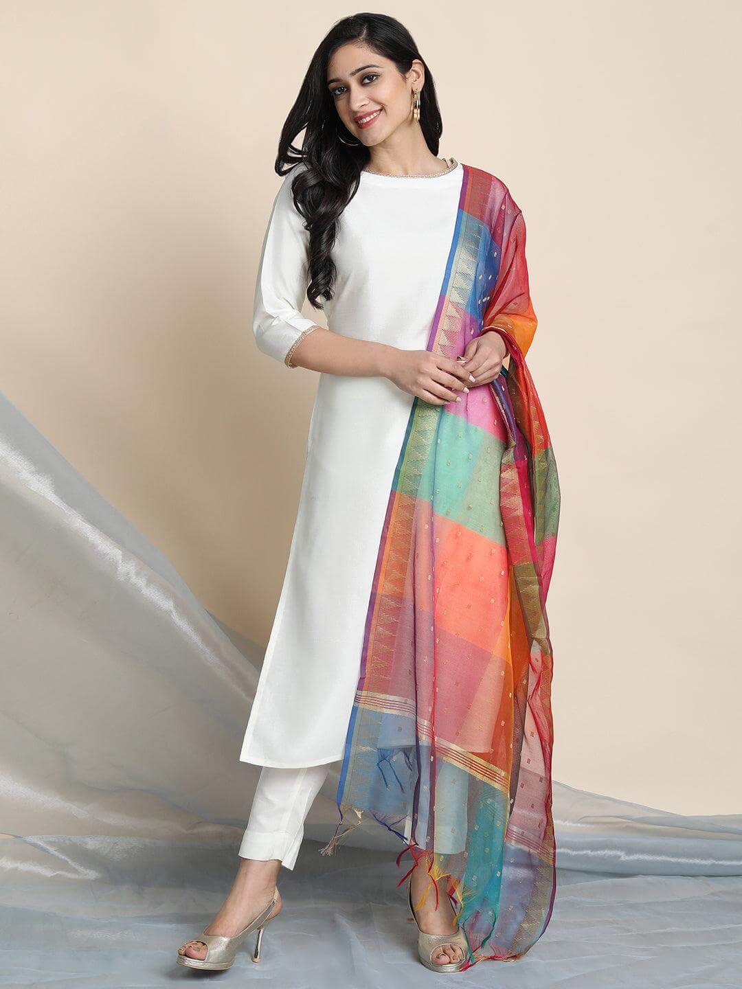 OFF WHITE POLY SILK SOLID KURTA WITH PANT AND DUPATTA
