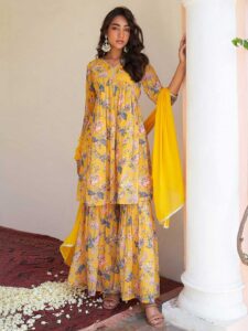 YELLOW GEORGETTE DIGITAL FLORAL PRINTED KURTA SHARARA SET
